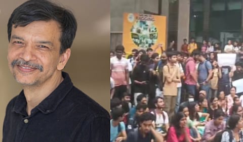 IIT Delhi Director Rangan Banerjee; students protest on the campus. Photo source: X