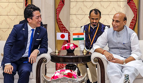 Defence Minister Rajnath Singh with his Japanese counterpart Shinjiro Koizumi during their meeting. | Image Source: PTI