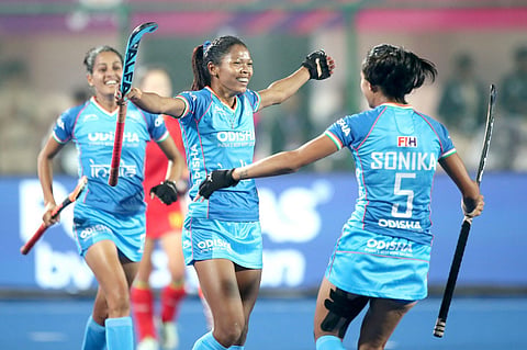 India celebrate after beating Germany 3-1 to finish fifth at the Women’s Hockey World Cup. PTI photo