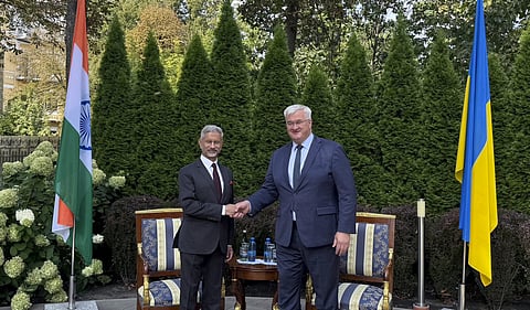 External Affairs Minister S Jaishankar with his Ukrainian counterpart Andrii Sybiha in Kyiv. PTI image