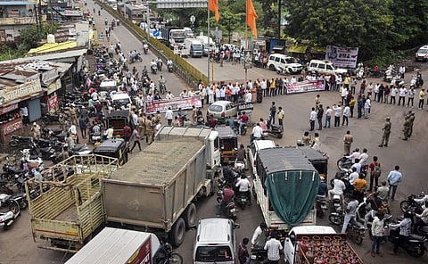File photo: Members of the Maratha community stage a road blockade in support of Manoj Jarange Patil's hunger strike in Karad, JALNA. (PTI Photo)