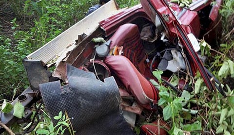 The mangled remains of a vehicle that was targeted in the 2013 Jheeram Ghati Maoist attack on a Congress convoy in Chhattisgarh&amp;#039;s Bastar district. (PTI Photo)