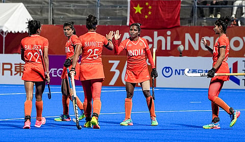 IndiaN players celebrate after winning the womens final gold medal Hockey match as they defeat China in the ongoing Asian Games 2026, in Gifu, Japan, Friday, Oct. 2, 2026. PTI photo.