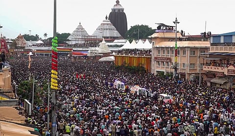 Ambulances stuck amid a temporary crowd surge during the Rath Yatra festival procession, in Puri, Odisha | Source: PTI