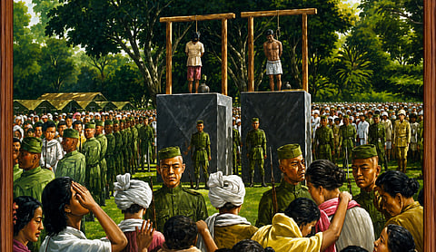 A historical depiction of the hanging of Bir Tikendrajit and General Thangal. Image source: RKCS Art Museum, Manipur.