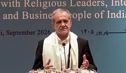 Iranian President Masoud Pezeshkian addresses a gathering in New Delhi. PTI photo
