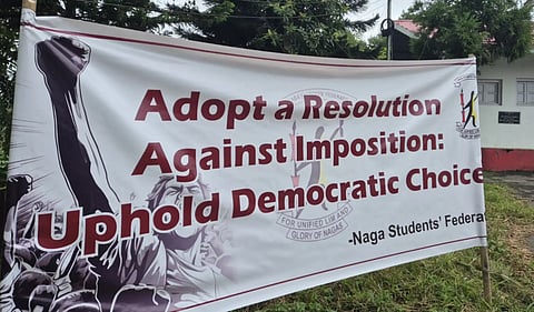 Naga Students' Federation members protest against the mandatory singing of Vande Mataram I Image source: X/EastMojo
