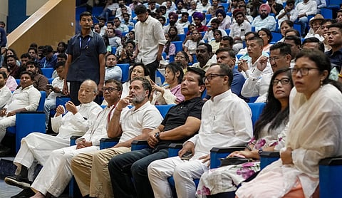 Lok Sabha LoP Rahul Gandhi during a memorial service for late Manipuri musician Chongtham Vikram Singh, in New Delhi, Thursday, Sept. 10, 2026. (PTI Photo/Karma Bhutia)