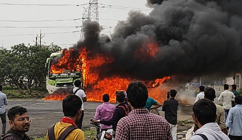 Rewa-Indore bus catches fire near Indore after tyre burst