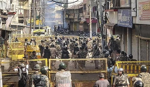 Security personnel deployed in Ujjain after clashes over the proposed demolition of part of the Shahi Mosque. PTI image