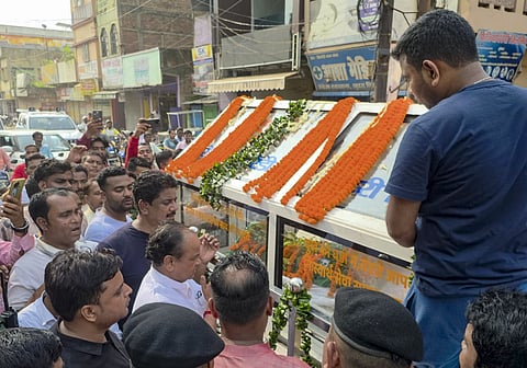People pay their last respects to Jharkhand minister Sudivya Kumar during a procession in Ranchi, RANCHI on Sunday, September 6. (PTI Photo)