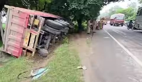 An overturned vehicle lies beside a road, SAMBHAL on Sunday, September 6.