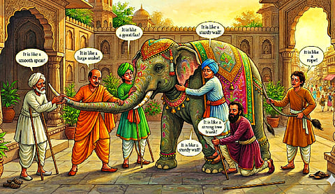 Table with Moral - The Elephant and the 6 Blind Men (A Jain fable)