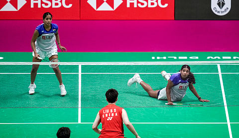 Treesa Jolly and Gayatri Gopichand in action during the doubles semifinal at the World Championships. | Photo: PTI