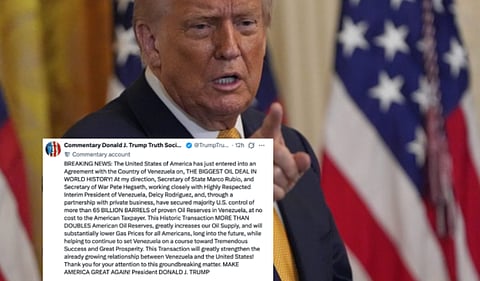 US President Donald Trump and a screenshot of his social media post announcing the Venezuela oil deal.