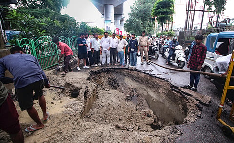 Injured people after a section of the Lucknow University Road, near the residence of BJP MP Dinesh Sharma, caved in, in Lucknow, Uttar Pradesh, Wednesday, Sept. 2, 2026. (PTI Photo)