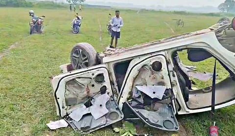 The mob set the pickup van on fire and extensively vandalised and overturned the other vehicle. Image source: X