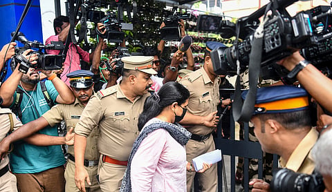 Veena T, daughter of former Kerala CM Pinarayi Vijayan, arrives at the ED office in Kochi. (PTI Photo)