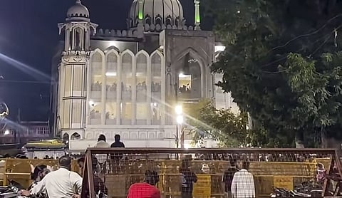 Barricades placed in front of the Shahi Masjid at Chhatri Chowk following stone-pelting incidents, in UJJAIN, Monday, Sept. 28, 2026. (PTI Photo)