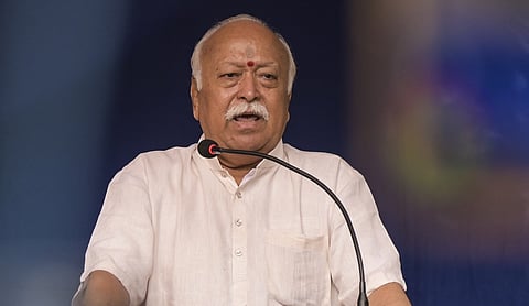 File photo: RSS chief Mohan Bhagwat speaks during the 80th Independence Day celebrations at the RSS headquarters in Nagpur on August 15, 2026. (PTI Photo)