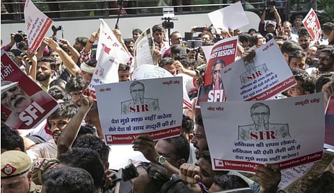 Protesters at Jantar Mantar during a demonstration against the Special Intensive Revision of electoral rolls. PTI image.