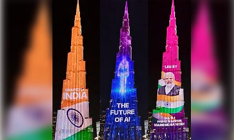 புர்ஜ் கலீபாவில் ஒளிரும் டெல்லி ஏ.ஐ உச்சி மாநாட்டு பதாகை