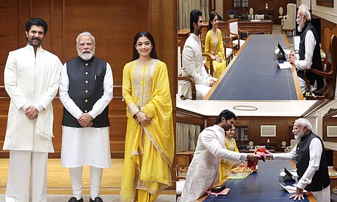 பிரதமர் மோடியை சந்தித்து ஆசி பெற்ற விஜய் தேவரகொண்டா - ராஷ்மிகா தம்பதி