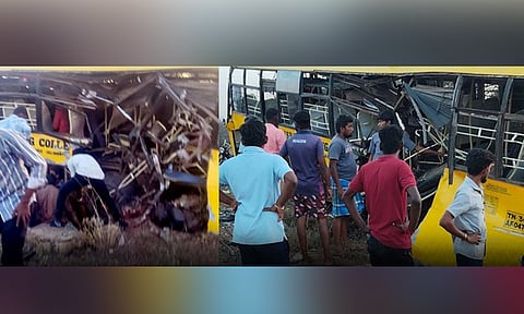 கரூர்: கல்லூரி பஸ் மீது சரக்கு ரெயில் மோதி விபத்து; 18 பேர் படுகாயம்

