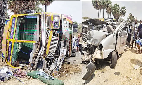 சேலம்: கார்- லாரி மோதி பயங்கர விபத்து; 2 பேர் பலி, 3 பேர் படுகாயம்