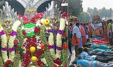 அம்மன் சப்பரத்தின் முன்னால் தரையில் படுத்து நேர்த்திக்கடன் செலுத்திய பக்தர்கள்