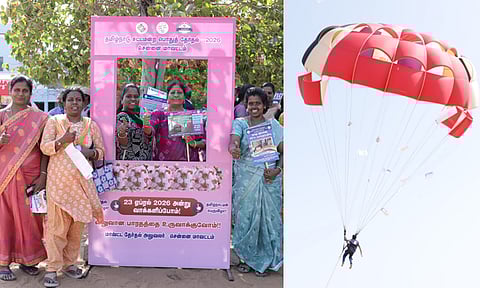 சென்னை பெசன்ட் நகர் கடற்கரையில் பாரா கிளைடிங் மூலம் தேர்தல் விழிப்புணர்வு 