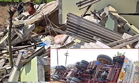 கிருஷ்ணகிரி: சாலையோர வீட்டின் மீது சாய்ந்த கனரக லாரி - பெண் படுகாயம்