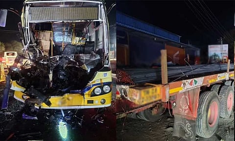 லாரி மீது அரசு பஸ் மோதி விபத்து - 13 பேர் படுகாயம்