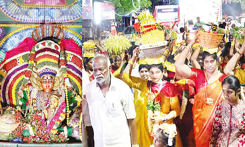 முளைப்பாரி, பால்குடம் மற்றும் பூத்தட்டுகளை ஏந்தியபடி கோவிலுக்கு ஊர்வலமாக சென்ற பக்தர்கள்.