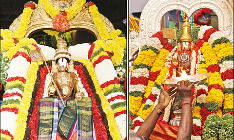 ஏழுமலையான் கோவில் மற்றும் கோவிந்தராஜ சுவாமி கோவிலில் உற்சவர் பாஷ்யகாரர் வீதிஉலா வந்த காட்சி