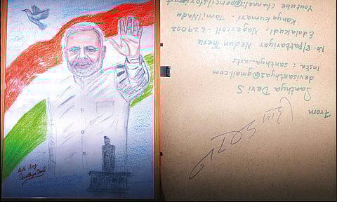 நாகர்கோவிலில் பெண் ஓவியர் வரைந்த ஓவியத்தில் கையெழுத்திட்ட பிரதமர் மோடி