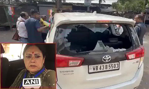 தாக்குதலில் சேதமடைந்த கார் (உள்படம்: வேட்பாளர் அக்னிமித்ரா)
