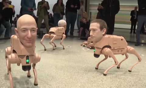 உலக பணக்காரர்களின் முகங்களோடு கண்காட்சியில் வலம் வந்த நாய் வடிவ ரோபோக்கள் - ஜெர்மனியில் விநோதம் 