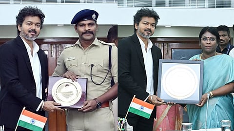 சிறப்பாக பணியாற்றிய கலெக்டர்கள், காவல்துறை அதிகாரிகளுக்கு  விருதுகள் வழங்கிய  முதல் அமைச்சர் விஜய்