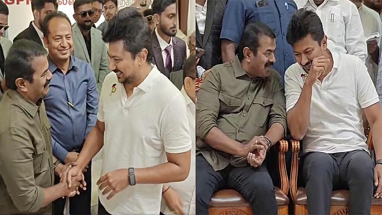 திருமண விழாவில் ஒரே மேடையில் உதயநிதி, சீமான்... கட்டியணைத்து நலம் விசாரிப்பு