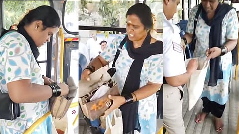 ஓடும் பஸ்சில் கண்டக்டரின் பணப்பையை திருடிவிட்டு நாடகமாடிய பெண் - வைரல் வீடியோ