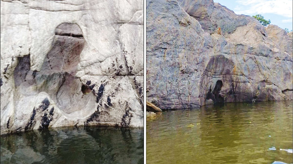 நீர்வரத்து குறைவால் ஒகேனக்கல்லில் வெளியே தெரியும் ஜெகன்மோகினி குகை