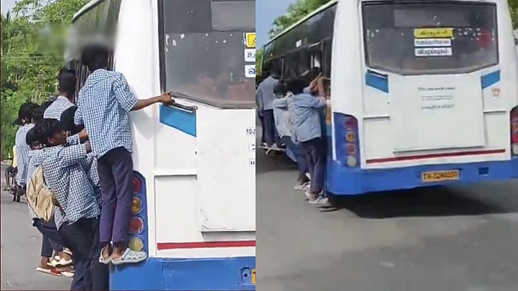 கள்ளக்குறிச்சி: பள்ளி மாணவர்கள் ஆபத்தான முறையில் பஸ் படிக்கட்டில் தொங்கியபடி பயணம்