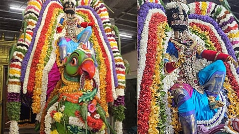 சென்னை திருவொற்றியூர் காலடிப்பேட்டையில் அமைந்துள்ள கல்யாண வரதராஜ பெருமாள் கோவிலில் கிளி வாகனத்தில் ஆண்டாள் வீதி உலா