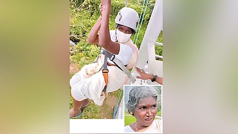 ஜிப்லைன் சாகசத்தில் ஈடுபட்ட மூதாட்டி லட்சுமி 