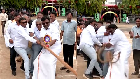 கயிறு அறுந்ததால் கீழே விழுந்த அமைச்சர் லோகேஷ் தமிழ்செல்வன்