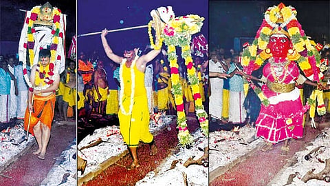 கும்பகோணம் அருகே தாராசுரம் திரவுபதி அம்மன் கோவில் திருவிழா.. அக்னி ஆணி மிதித்து பக்தர்கள் நேர்த்திக்கடன் செலுத்தினர்