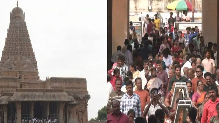 விடுமுறையை முன்னிட்டு தஞ்சை பெரிய கோவிலில் குவிந்த சுற்றுலா பயணிகள்
