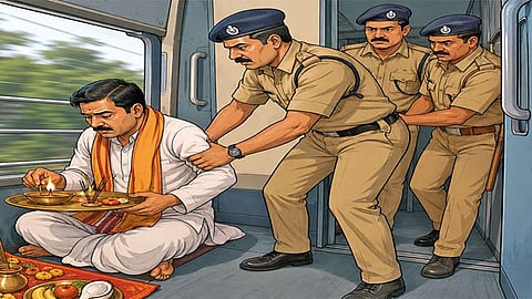ஓடும் ரெயிலில் விளக்கேற்றி பூஜை; பயணி அதிரடி கைது