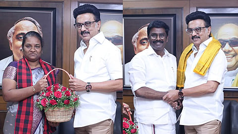 இடைத்தேர்தலில் போட்டி; தி.மு.க. தலைவர் மு.க.ஸ்டாலினை சந்தித்து வாழ்த்து பெற்ற வேட்பாளர்கள்
